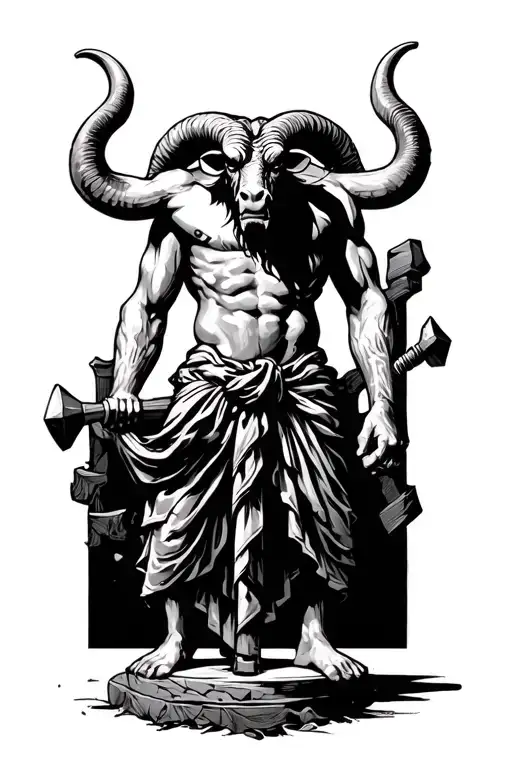 Greek Minotaur hammer in hand standing tall amidst sad tattoo design idea