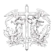 A cross in the middle with angels on one side and demons on the other with the phrase "Forgive Me Father For I Sin"  tattoo design idea