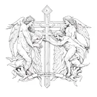 A cross in the middle with angels on one side and demons on the other with the phrase "Forgive Me Father For I Sin"  tattoo design idea