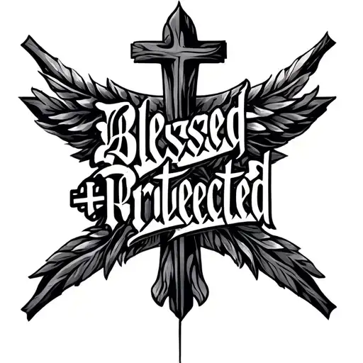 "Blessed+Protected" cross surrounded tattoo design idea