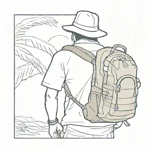Male figure from behind, holding a travel backpack on his back, a "Vietnamese hat" in his hand.  tattoo design idea