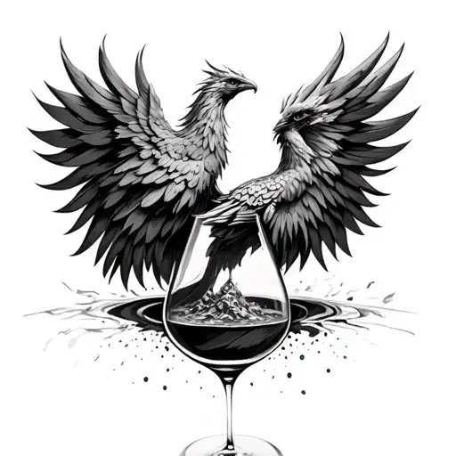 a realistic phoenix ascending above an hour glass. its tail feathers dropping ash into the hour glass tattoo design idea
