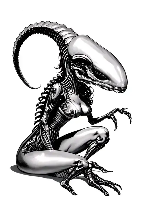 50s pin up xenomorph dynamic pose tattoo design idea