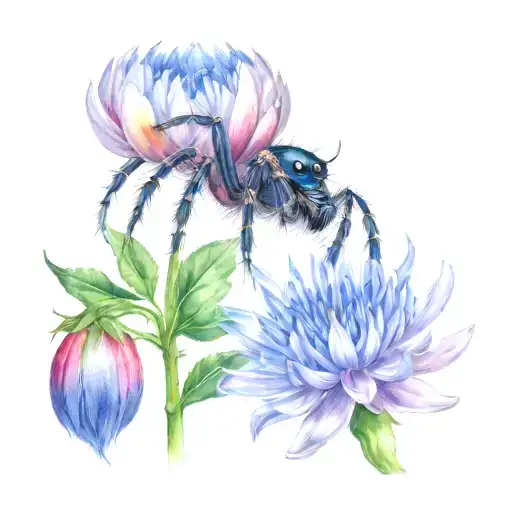 orb weaver, web, dahlias lilies cornflower anemone tattoo design idea