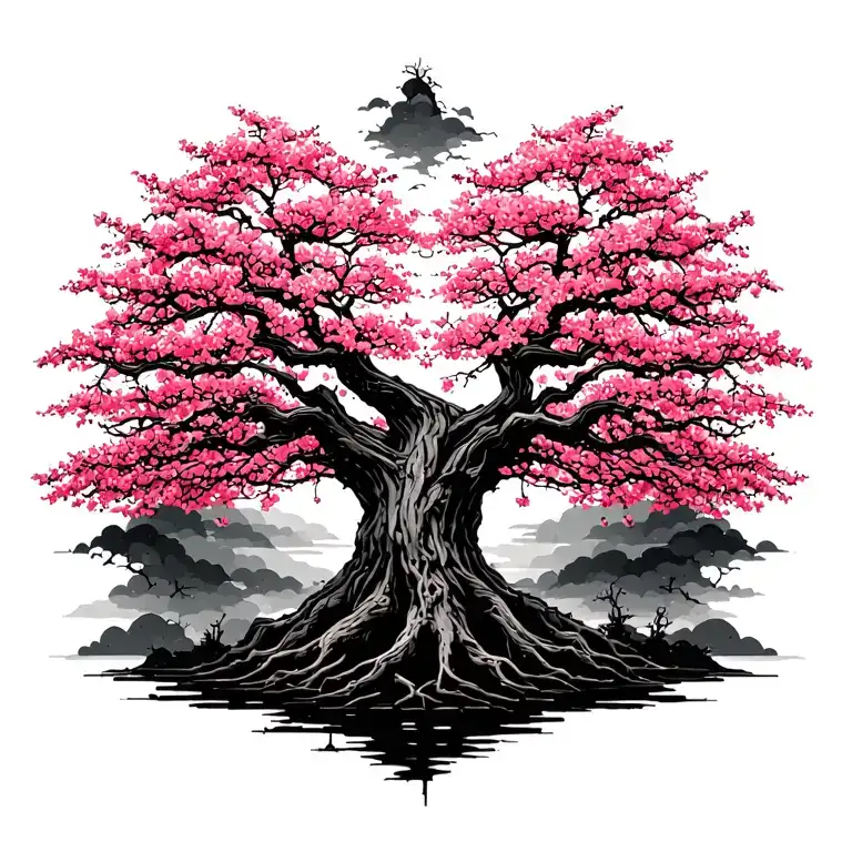 japanise cherry blossom skel tree intertwined tattoo design idea