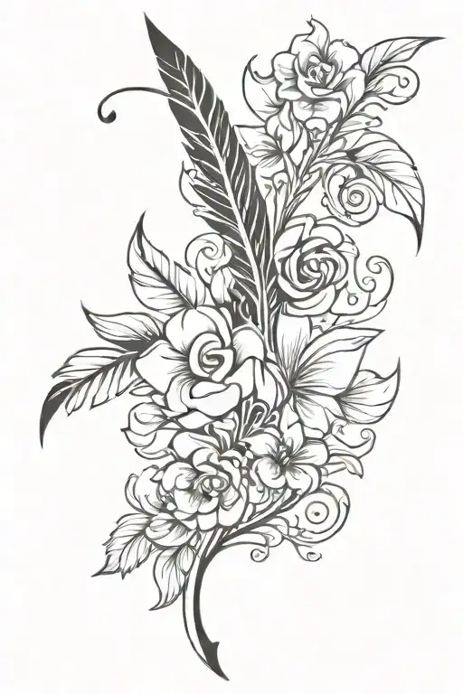 scroll wit feather pen and flowers   tattoo design idea