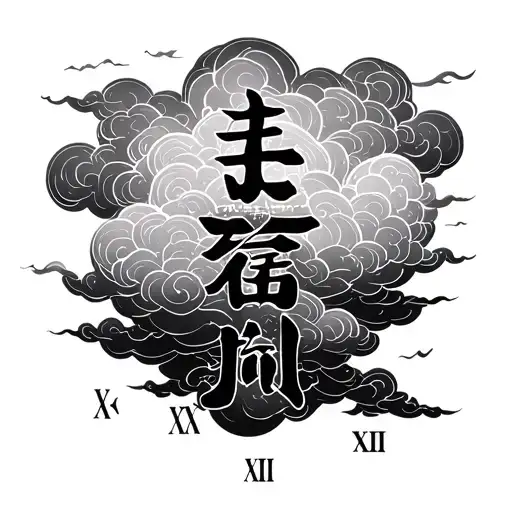 clouds with japanese characters with roman numerals XX and XII on fore arm tattoo design idea