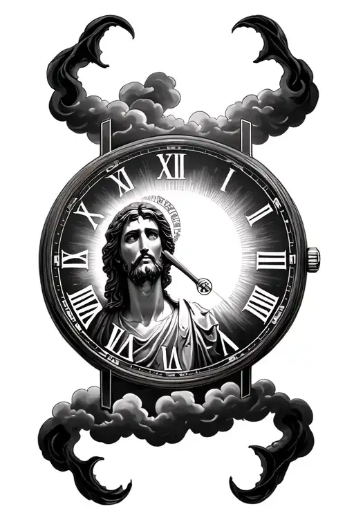 sun and clouds surrounding, Half Jesus on a cross, a watch face time showing 13:36 tattoo design idea