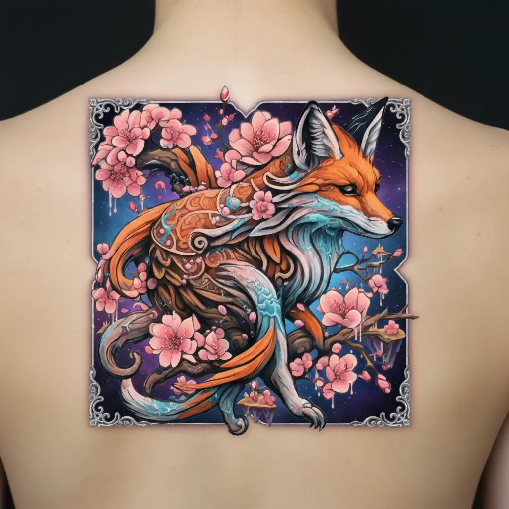 Nine-tailed fox and sakura tattoo design idea