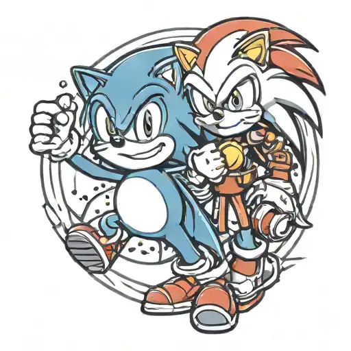 Master cheif standing next to Sonic the hedgehog holing a pokeball tattoo design idea