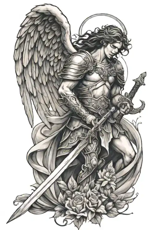 guardian angel with broken armor and a sword masculine arm tattoo tattoo design idea