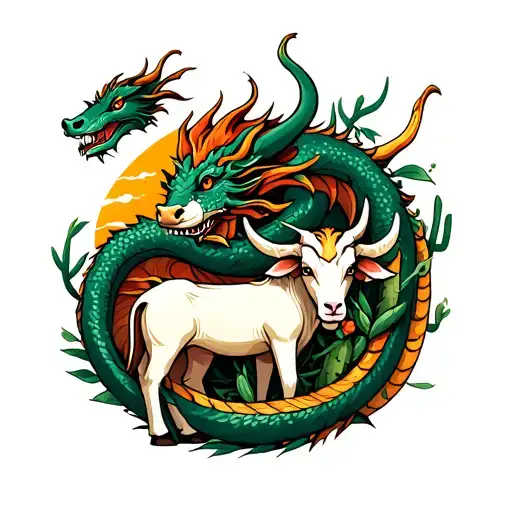 dragon wrapped around an ox with a goat and calf nearby. bamboo and cacti in bsckground tattoo design idea