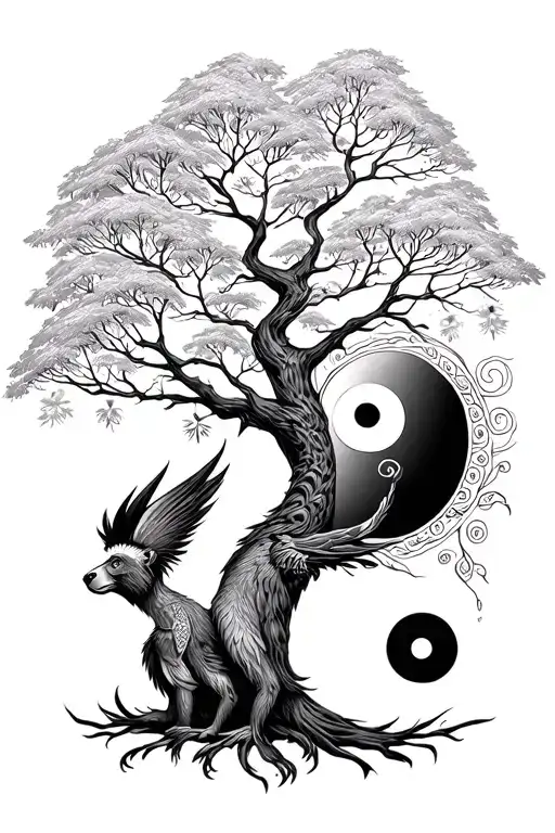 fine line style tattoo, tree, shaman bear, yin yang, monkey, phoenix tattoo design idea