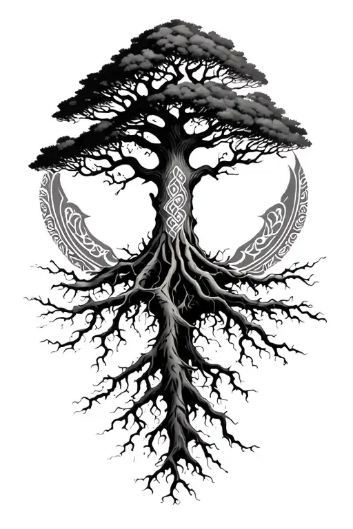 a tree with deep roots and patterns around it tattoo design idea