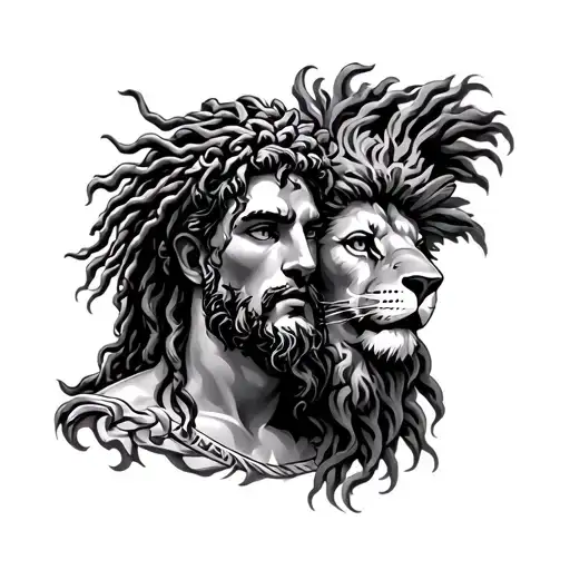 Tattoo of a Greek god with dreadlocks with a lion tattoo design idea
