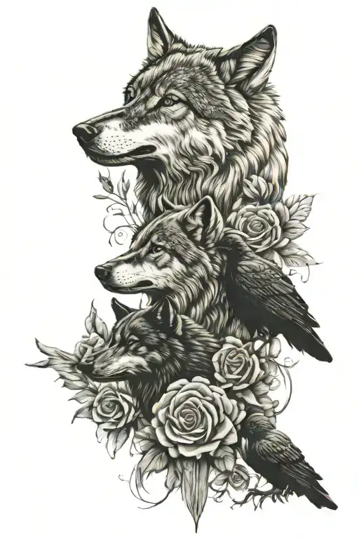 wolf and rose and raven tattoo design idea
