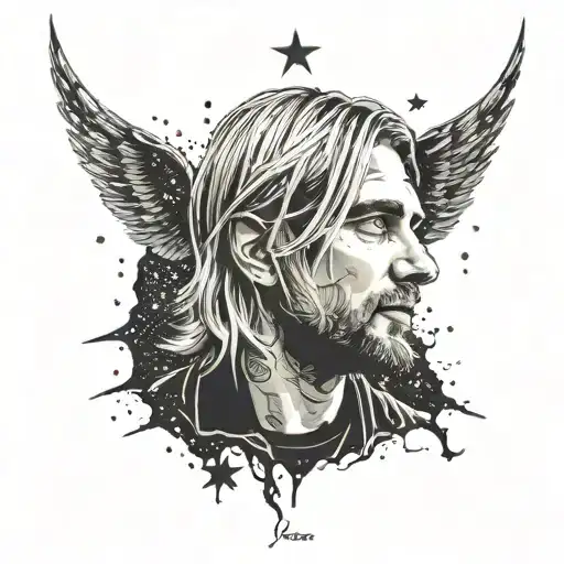 Kurt Cobain face realistic tattoo, background starry night photo tattoo design idea