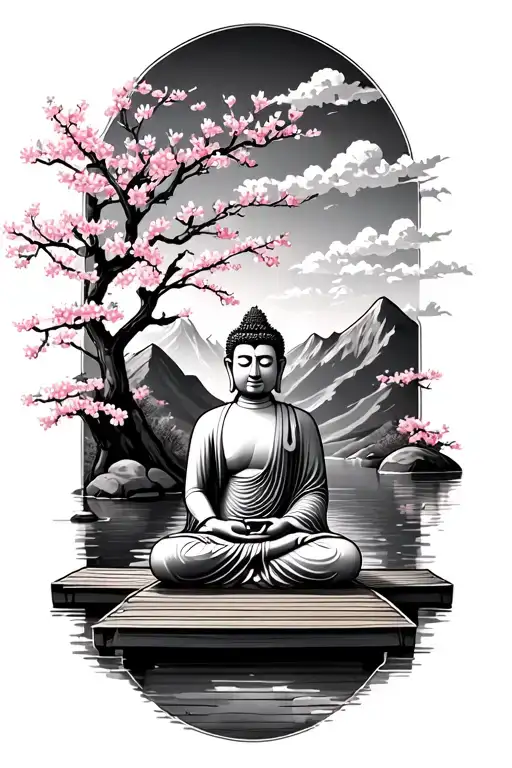 buddha meditating in the mountains in front of a river on a dock with cherry blossom trees around tattoo design idea
