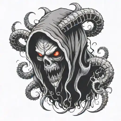 Hooded demon with tentacles protruding from around his dark shape tattoo design idea