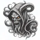 Hooded demon with tentacles protruding from around his dark shape tattoo design idea