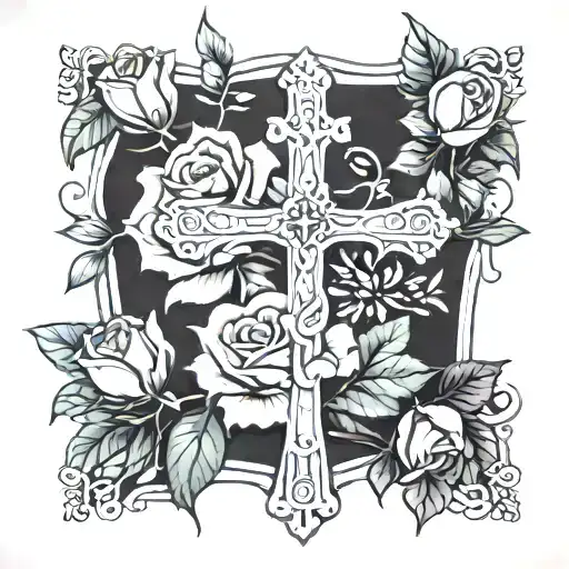 cross, white roses,cardinal tattoo design idea