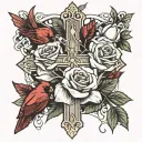 cross, white roses,cardinal tattoo design idea