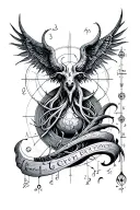 Lovecrat inspired with mathematical and musical designs focused on cosmic horror, elder gods corrupt and gothic imagery. tattoo design idea