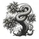 serpent wrapped around an apple tree and being choked by a hand coming down from the clouds tattoo design idea