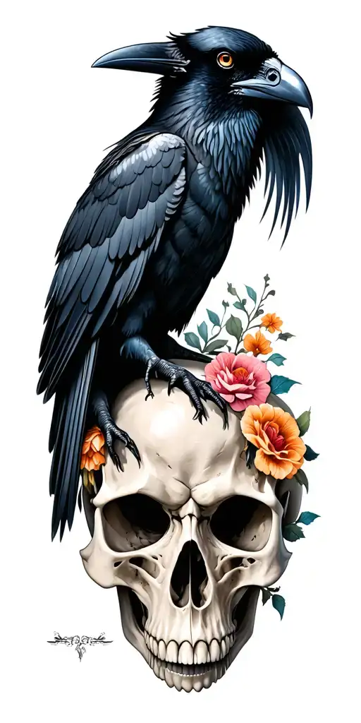 raven and zombie Raven on skull with flowers tattoo design idea