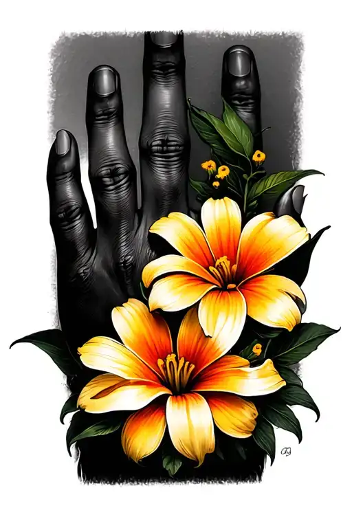 black slive on the hand,and orange yellow catalina flower on the black slive tattoo design idea