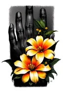 black slive on the hand,and orange yellow catalina flower on the black slive tattoo design idea
