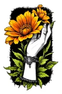 black slive on the hand,and orange yellow catalina flower on the black slive tattoo design idea
