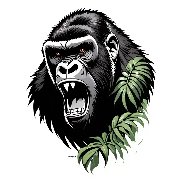 Roaring Gorilla with tropical background  tattoo design idea