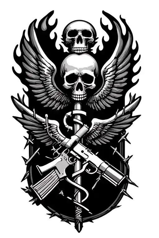 Caduceus made with an M-16 barbed wire flames as the wings a skull at the top of the staff tattoo design idea