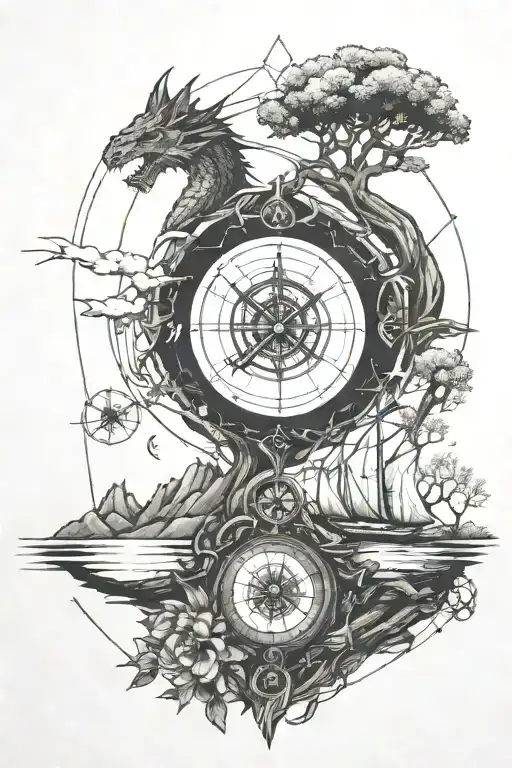 Geometric landscape including a dragon, a compass, broken chains and the tree of life tattoo design idea