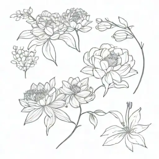 chrysanthemum,cosmos and lily of the valley boquet, fine line  tattoo design idea