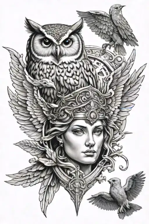 athena, right spear, left shield of medusa face, owl spreading its wings tattoo design idea