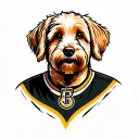 A tattoo design of a golden doodle wearing a hockey jersey with Post Malone's face on it, showcasing your diverse interests and passions tattoo design idea