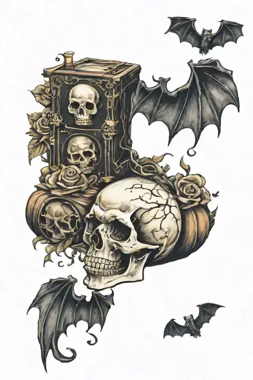 Full leg tattoo, dark, gothic, colour, pumpkin, bats , knife through spell books,skull, gravestone tattoo design idea