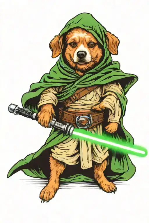 Luke Skywalker with a green lightsaber, only instead of a head there is a black and white corgi face in a hood and instead of hands there are paws tattoo design idea