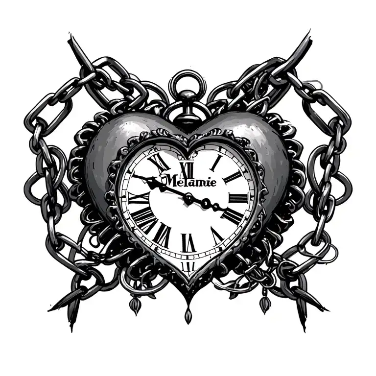 "Mélanie" "Mélanie" Clock Heart Chains tattoo design idea