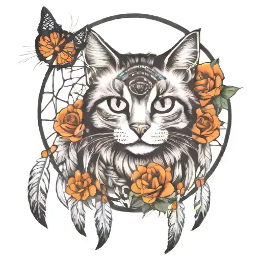 dream catcher with a cat spirit animal tattoo design idea