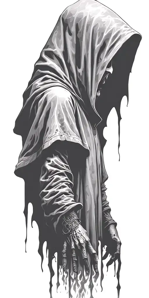 hooded reaper silohuette, smoke, fire, scary, bat wings tattoo design idea