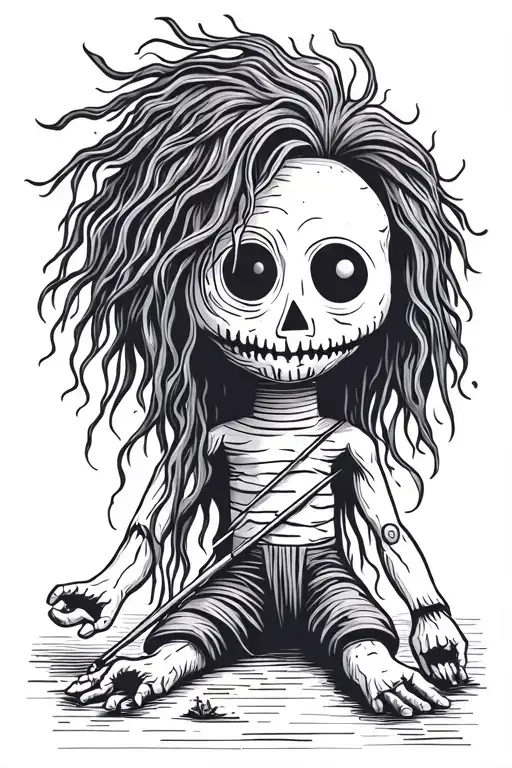 simple psychedelic male voodoo doll with long hair and needle through body tattoo design idea
