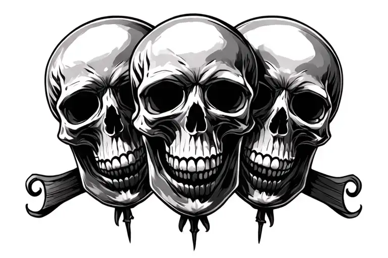 AN CARTOON ILLUSTRATION IN BLACK, WHITE AND GREY COLORS OF THREE SKULLS STANDING BESIDE EACHOTHER FROM TOP TO WAIST WITH tattoo design idea