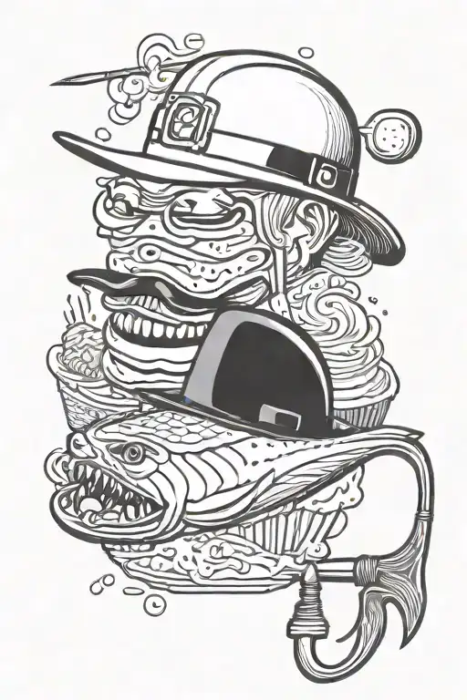 fishing lure, steak, hard hat, golf club, whiskey, cigar, gold minor, cupcake, surrounded by smoke tattoo design idea