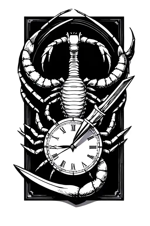 Scorpion holding a dagger and a clock tattoo design idea