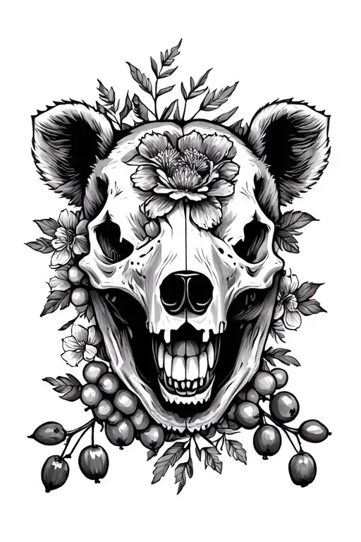 bear skull surround by berries and flowers  tattoo design idea
