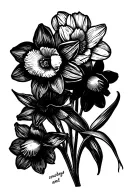 two daffodils one dead and one alive, have the stems be made out of the words "cowboys and angels" written in cursive tattoo design idea