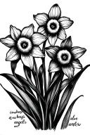 two daffodils one dead and one alive, have the stems be made out of the words "cowboys and angels" written in cursive tattoo design idea